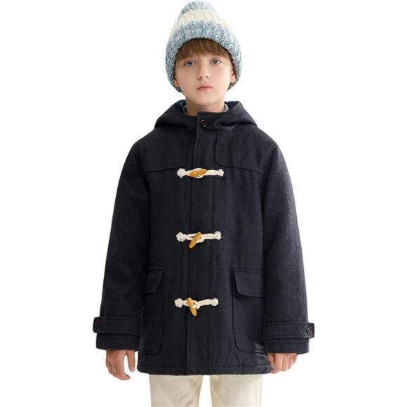 Boys Winter Wool Coat Dress Peacoat Heavy Sherpa Jacket Hooded Windproof - Picture 1 of 7